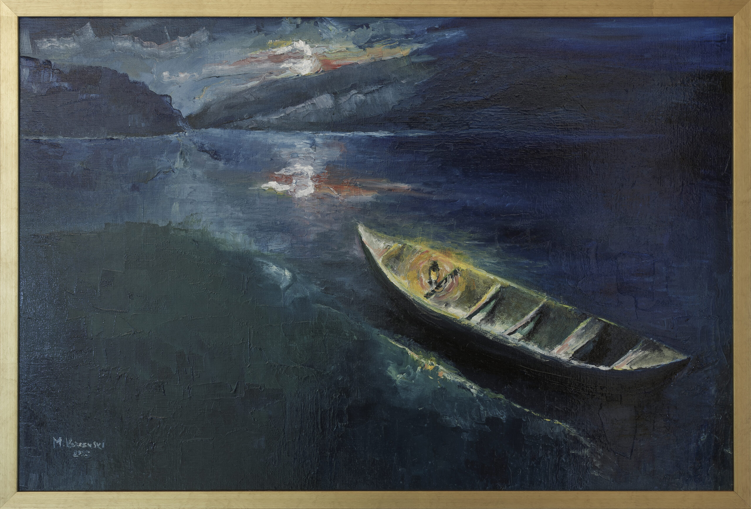 Ölgemälde auf Leinwand 90 x 60 cm Motiv See bei Nacht (Boot) im Mondschein - "Aufbruch ins Ungewisse" Martin Korzenski 2025