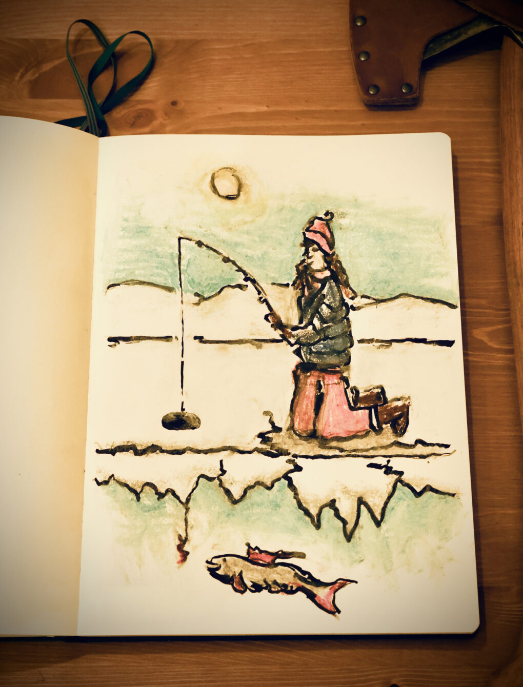 Ice Fishing - Zeichnung mit Tusche und Ölpastellkreiden von Martin Korzenski
