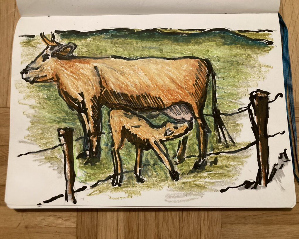 Landleben - Zeichnung mit Tusche und Ölpastellkreiden von Martin Korzenski