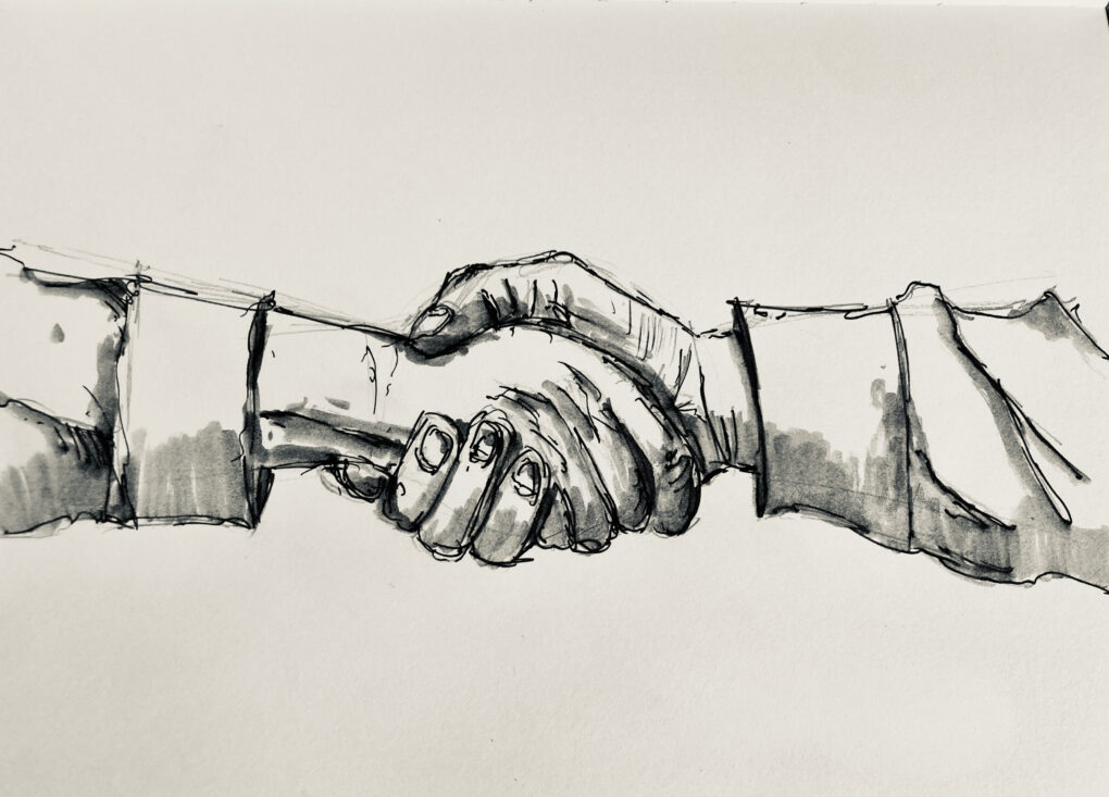 Handshake - Zeichnung mit Bleistift und Tusche von Martin Korzenski