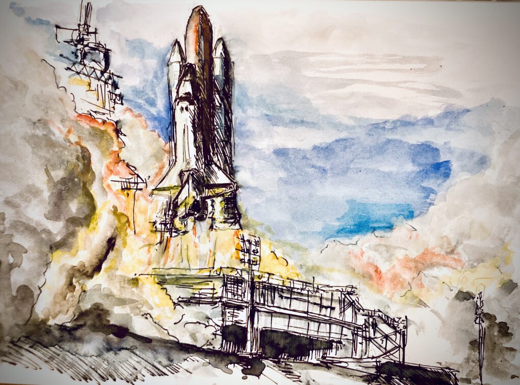 Start einer Raumfähre - Zeichnung mit Tusche und Aquarell von Martin Korzenski