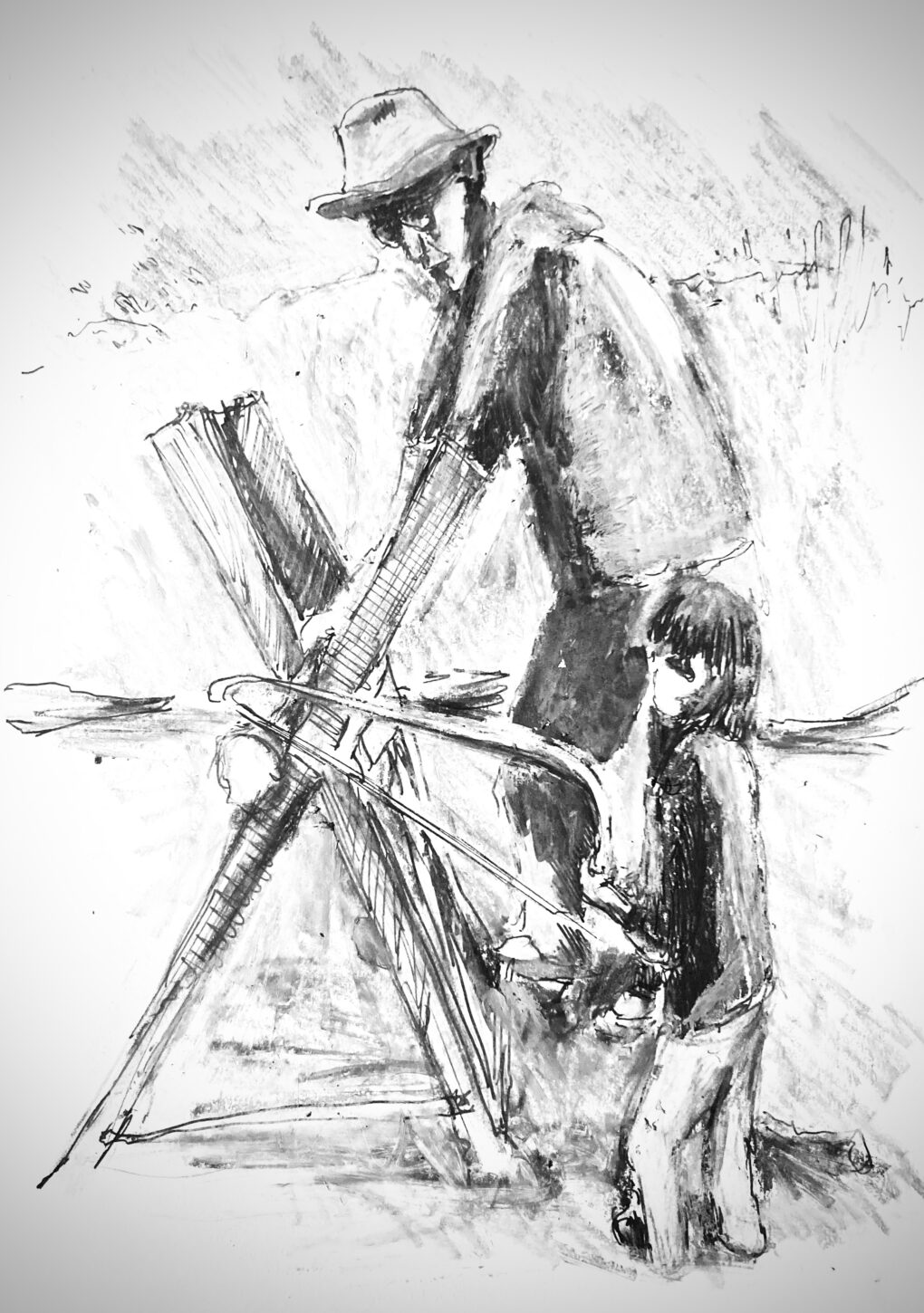 Wood Lesson - Zeichnung mit Bleistift, Tusche, und Ölpastellkreiden von Martin Korzenski