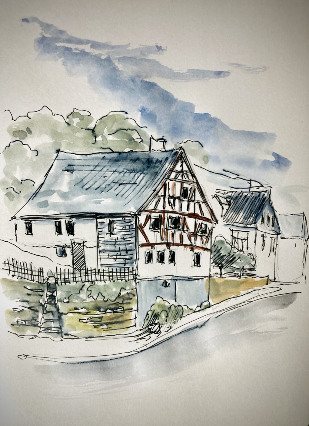 Altes Haus - Zeichnung mit Tusche und Aquarell von Martin Korzenski